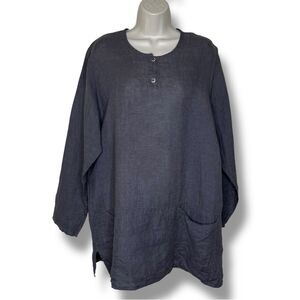 Flax 100% Linen Gray Popover Tunic Round Neck Long Sleeve Pockets Women Medium